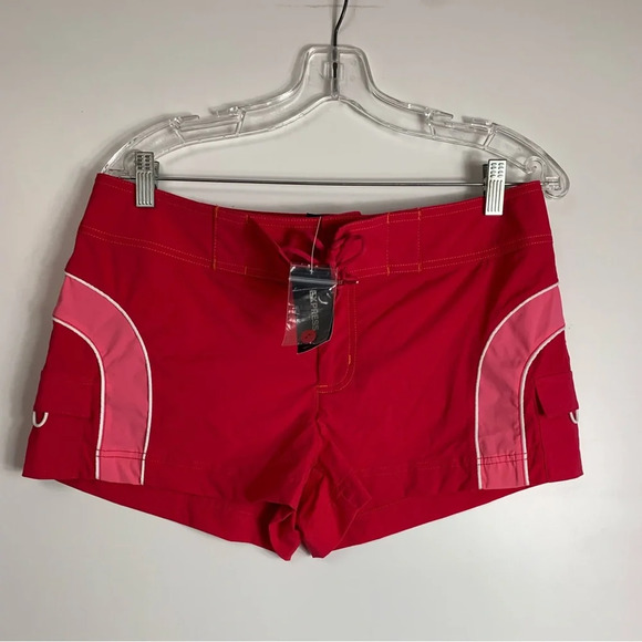 Express Stretch Y2K Shorts Swim Surf Beach  Red Pink Sz 11/12 Pockets Tie Front - Picture 1 of 15